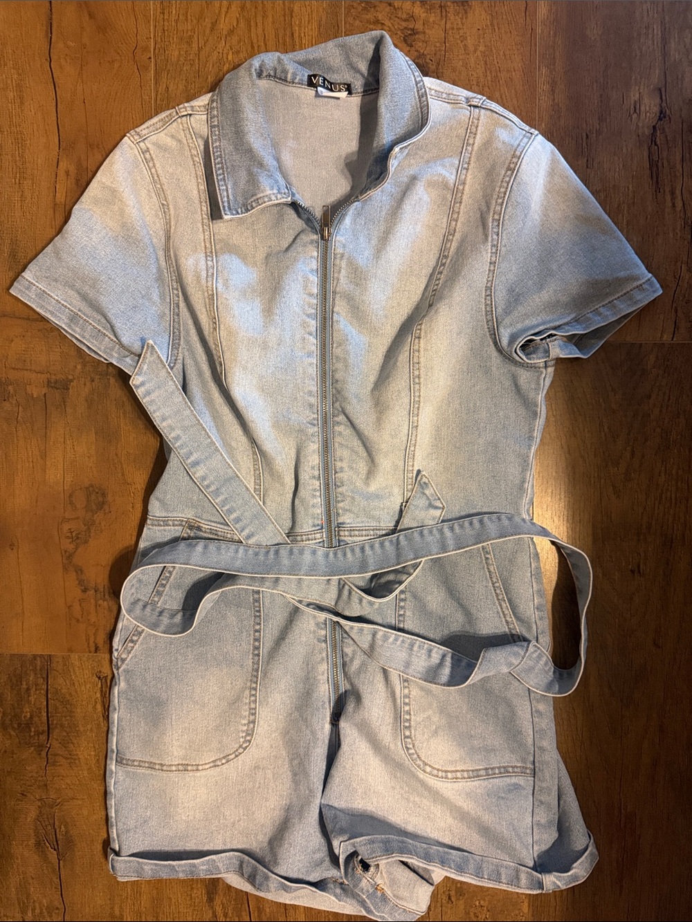 VENUS Light Blue Denim Short Sleeve Romper with Waist Tie